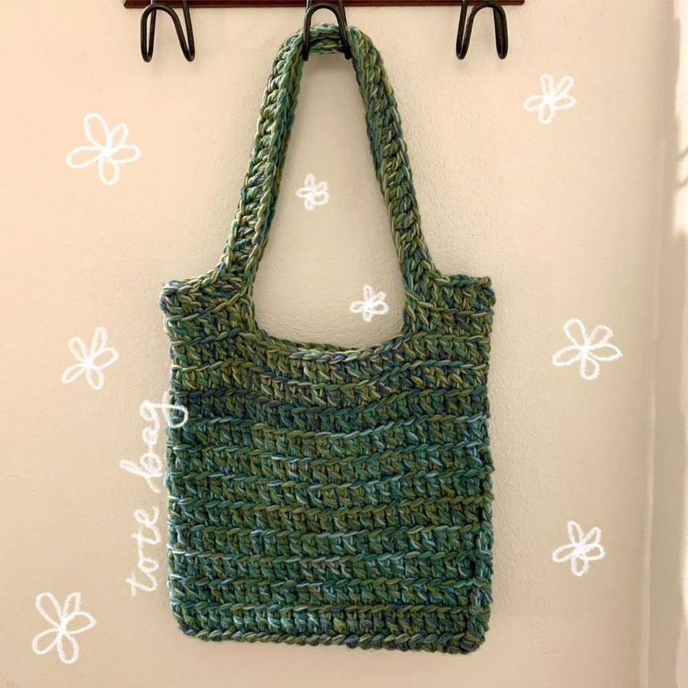 handmade crochet green “scrap” tote bag